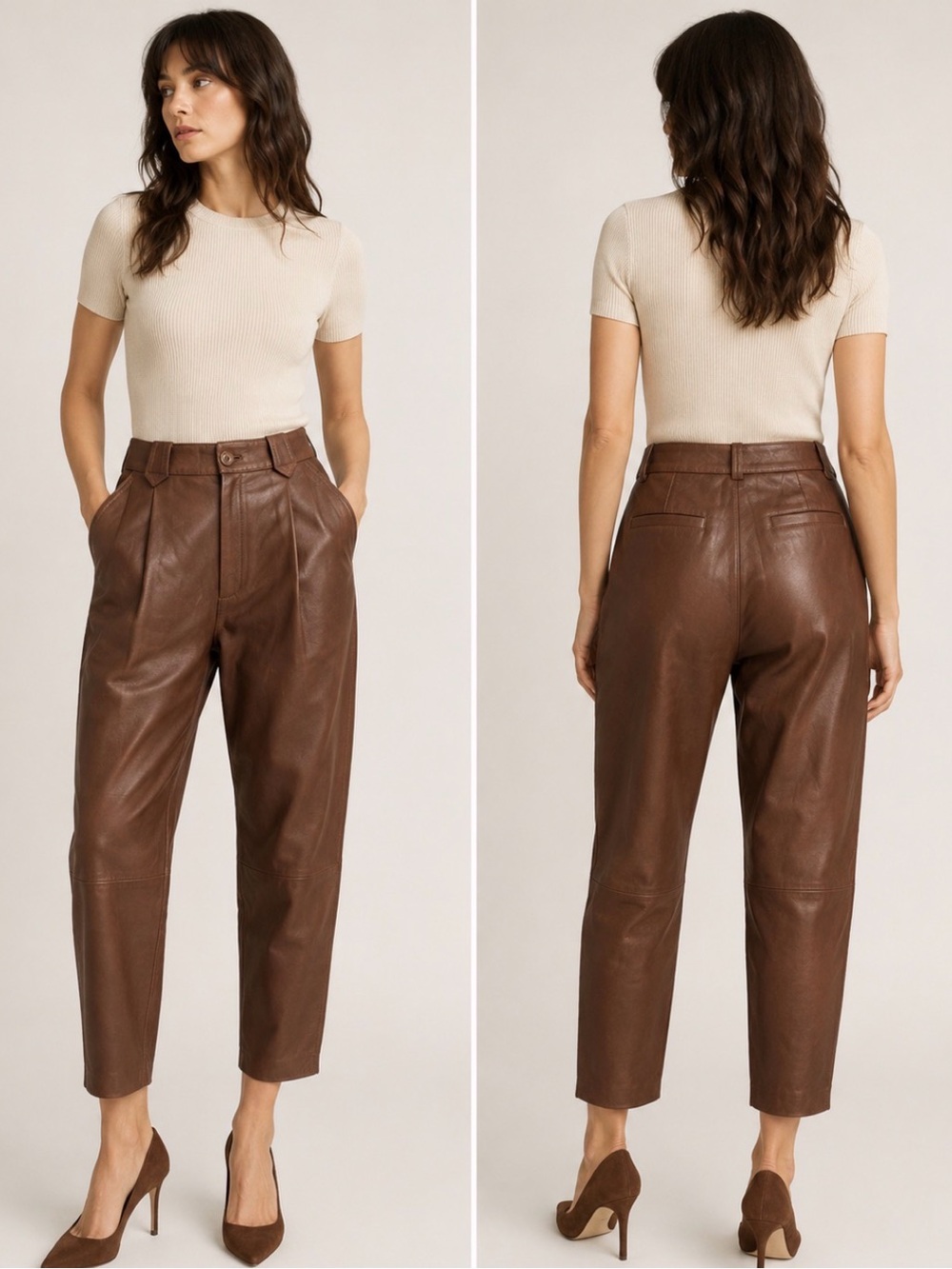 RE/DONE Originals Brown Leather Pleated Tapered Pants Size 26 NWT